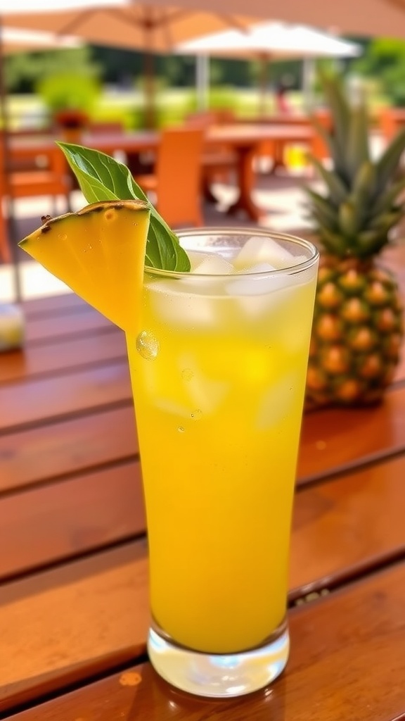 A vibrant pineapple basil vodka cocktail garnished with a pineapple wedge and basil on a wooden table.